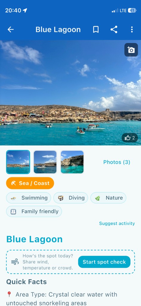 Spot profile with photos, category, activities and quick facts