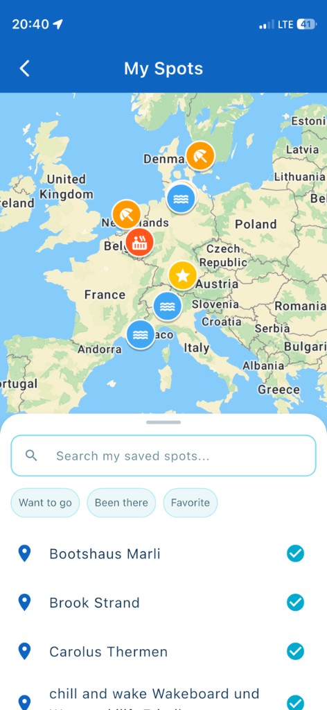 My Spots with map and list of saved places as a digital water logbook
